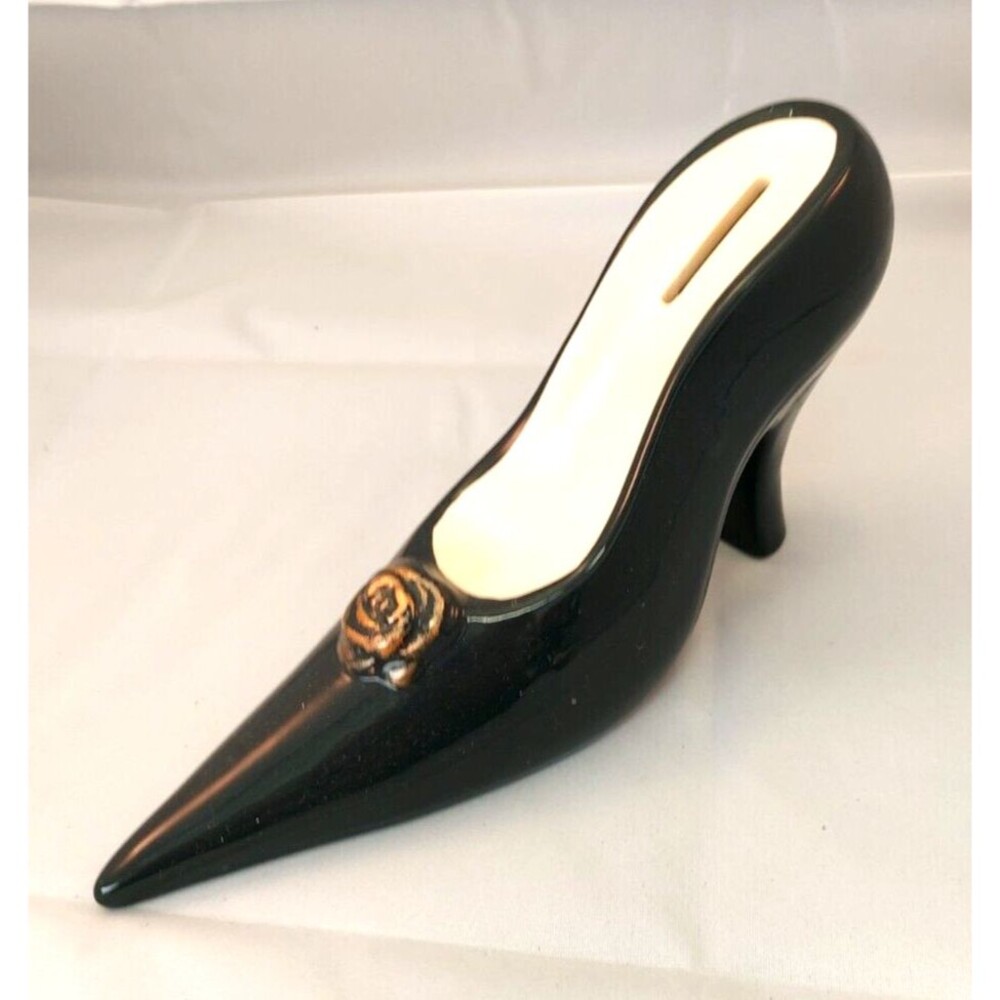 4.5” Tall Black with Gold Flower Rose High Heel Shoe Ceramic Bank Vtg